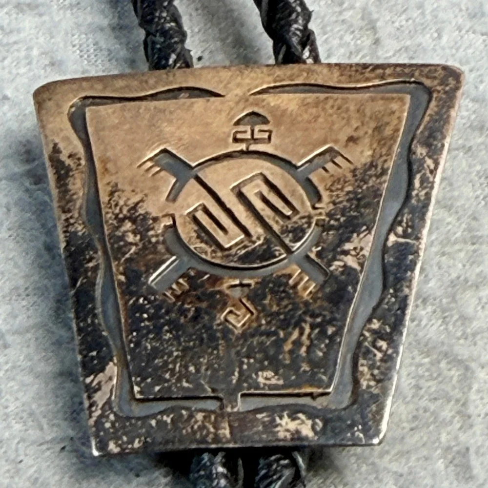 Vintage Hopi Sterling Silver Overlay Turtle Bolo Tie Braided Black Leather Tie